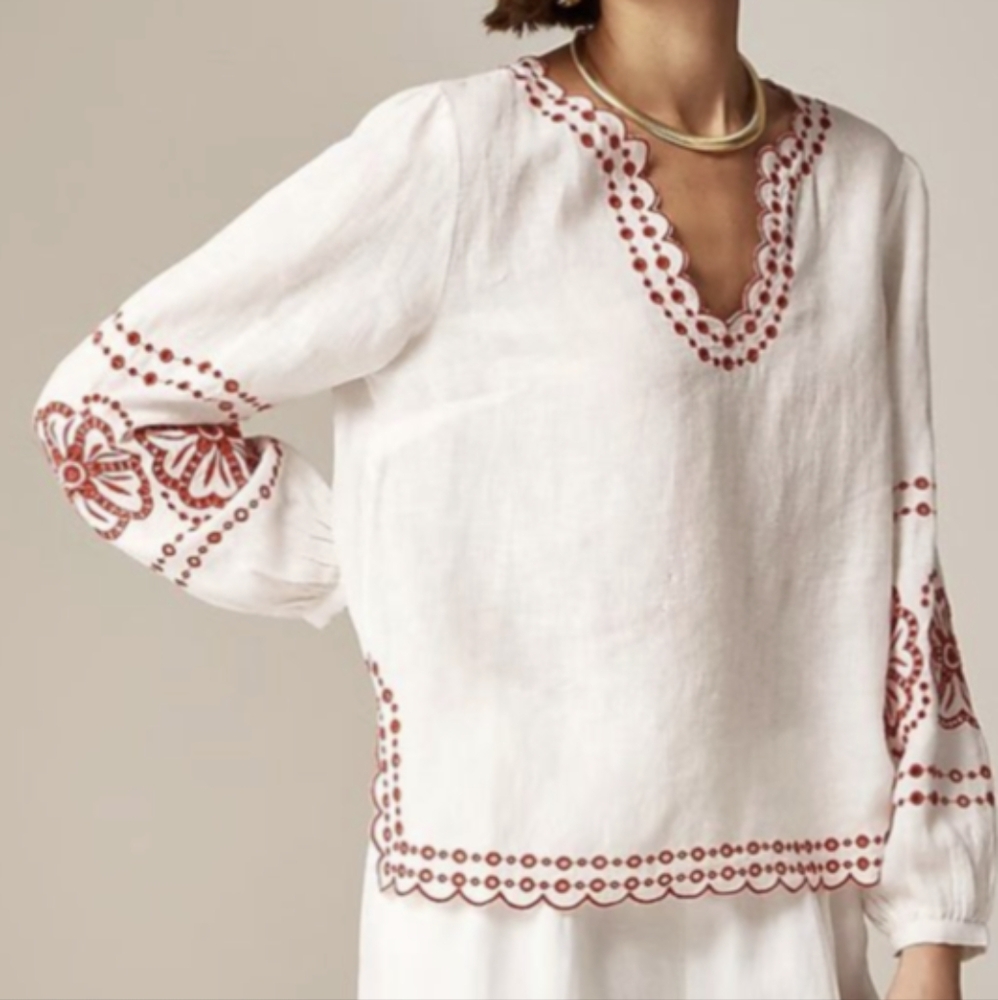 NEW J Crew Linen Embroidered Popover Top XL 14 16